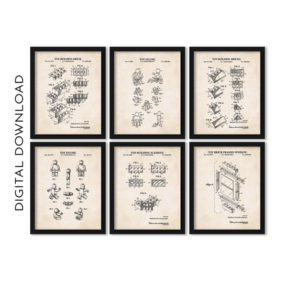 Toy Brick Patent Wall Art | Gallery Wall Set of 6 Prints | 4 Vintage Toy Blocks and 2 Toy Figure Patent Prints | PRINTABLE DIGITAL DOWNLOAD