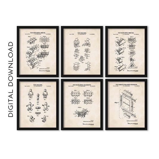 Toy Brick Patent Wall Art | Gallery Wall Set of 6 Prints | 4 Vintage Toy Blocks and 2 Toy Figure Patent Prints | PRINTABLE DIGITAL DOWNLOAD