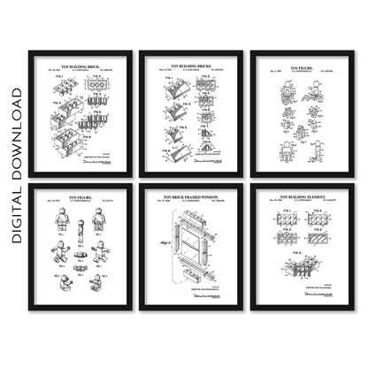 Toy Brick Patent Wall Art | Toy Blocks and Mini Toy Figures Patent Prints | Black & White Set of 6 Prints | PRINTABLE DIGITAL DOWNLOAD