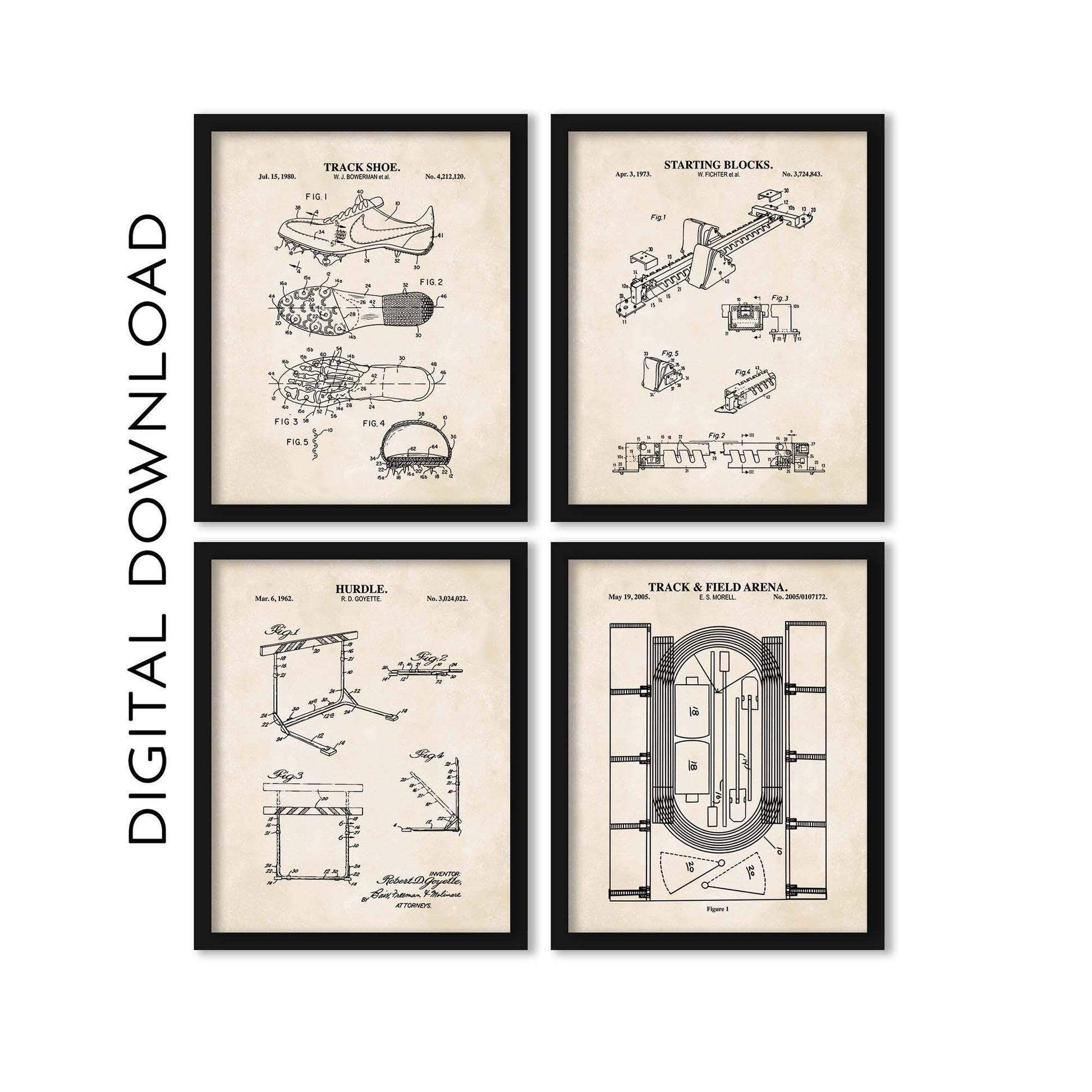 Track and Field Wall Art | Track Diagram, Hurdle, Spikes and Starting Block Patent Prints | Set of 4 Prints | PRINTABLE DIGITAL DOWNLOAD