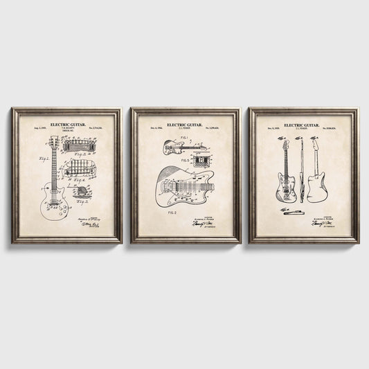 Electric Guitar Patent Wall Art | Guitar Patent Prints | Music Wall Art | Set of 3 Physical Prints