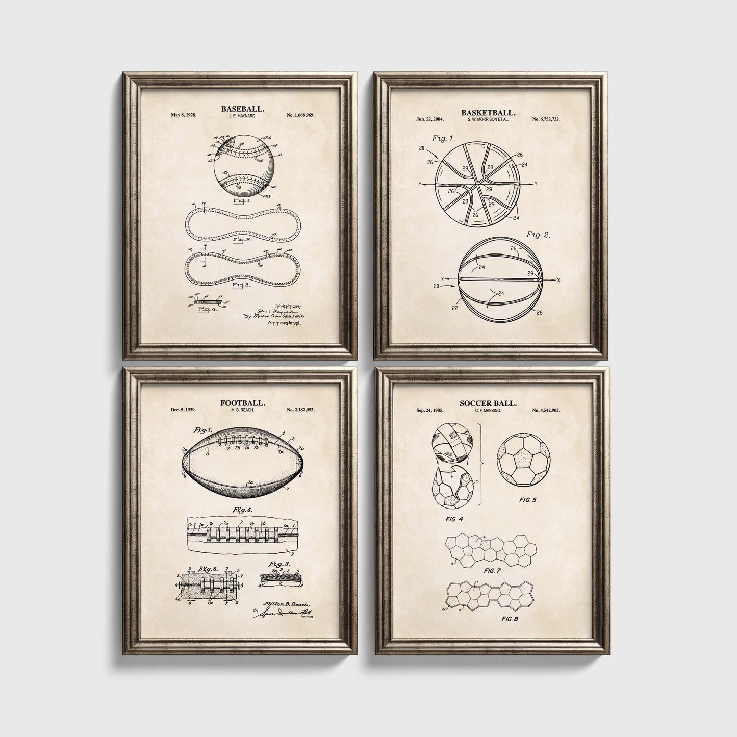 Baseball, Football, Basketball, Soccer Ball Patent Set | Classic Sports Blueprint Wall Art | Vintage Patent Art | Set of 4 Physical Prints