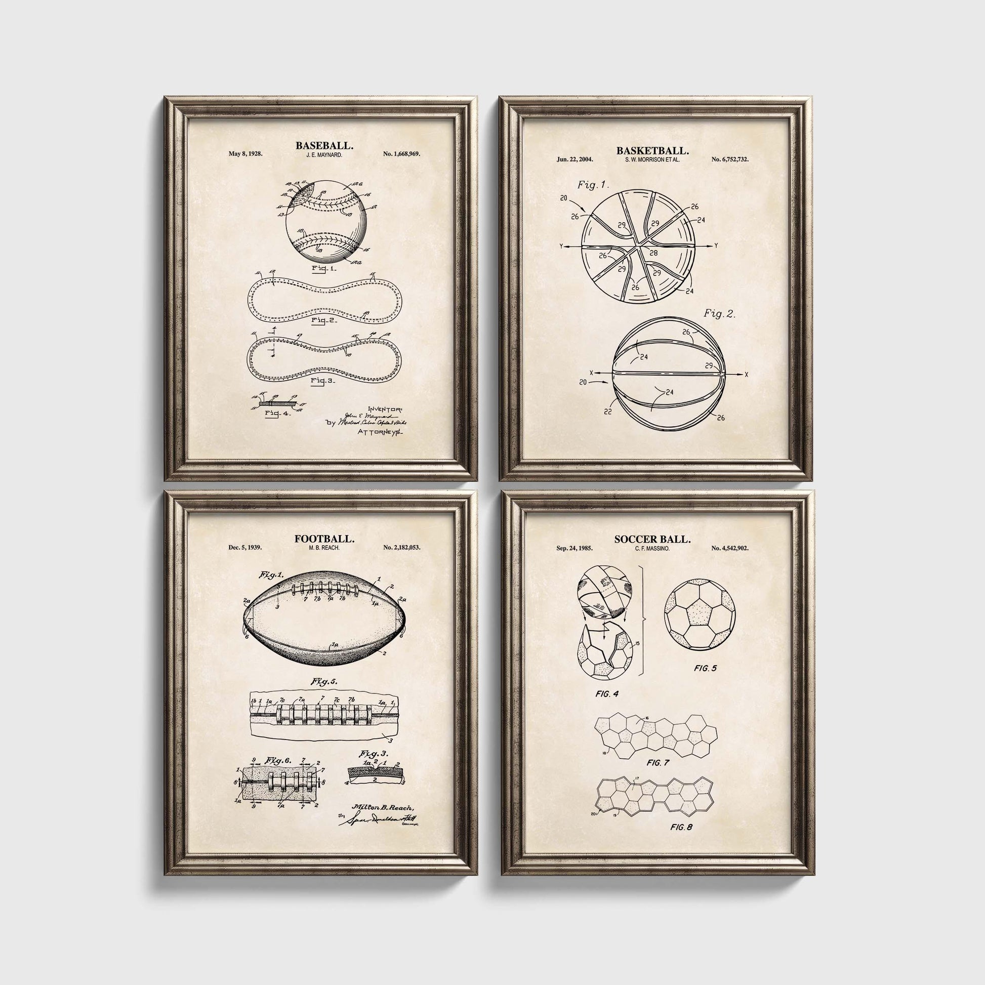Baseball, Football, Basketball, Soccer Ball Patent Set | Classic Sports Blueprint Wall Art | Vintage Patent Art | Set of 4 Physical Prints