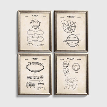 Baseball, Football, Basketball, Soccer Ball Patent Set | Classic Sports Blueprint Wall Art | Vintage Patent Art | Set of 4 Physical Prints