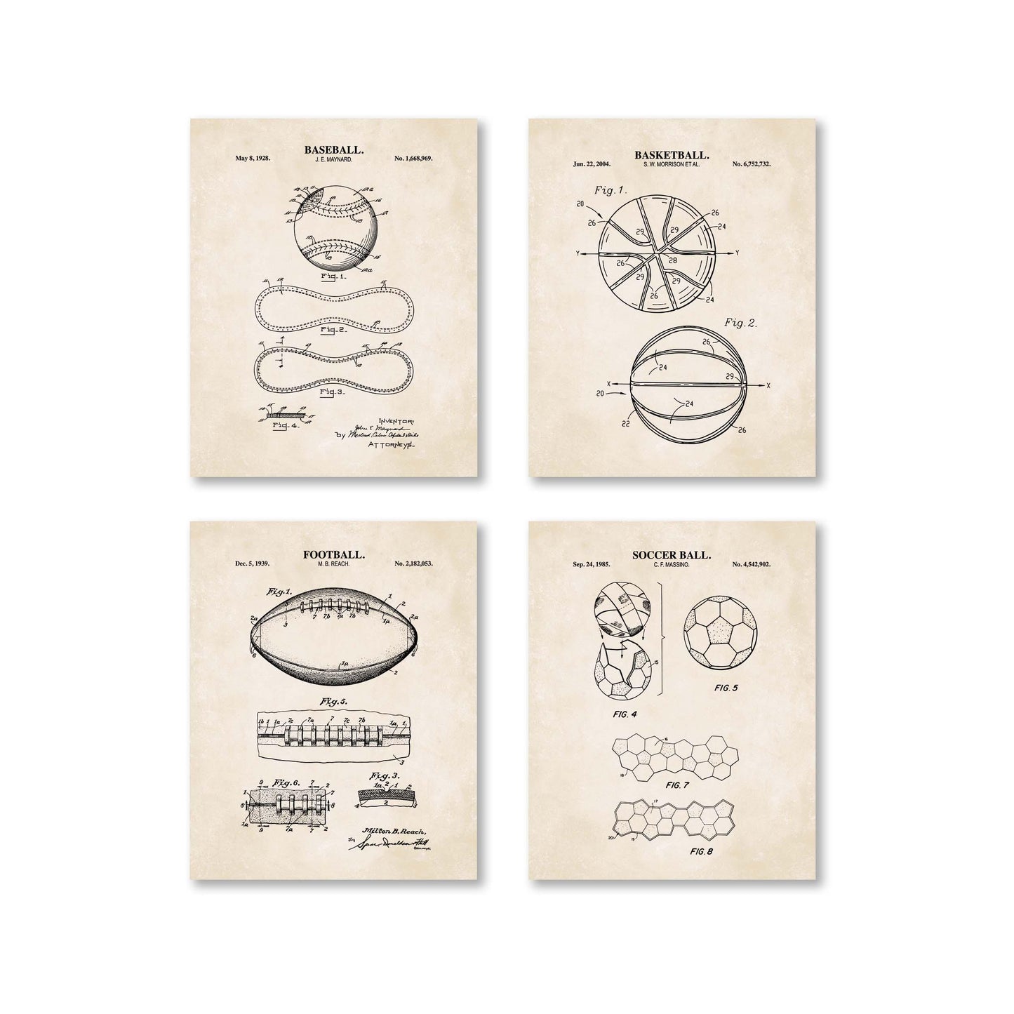 Baseball, Football, Basketball, Soccer Ball Patent Set | Classic Sports Blueprint Wall Art | Vintage Patent Art | Set of 4 Physical Prints