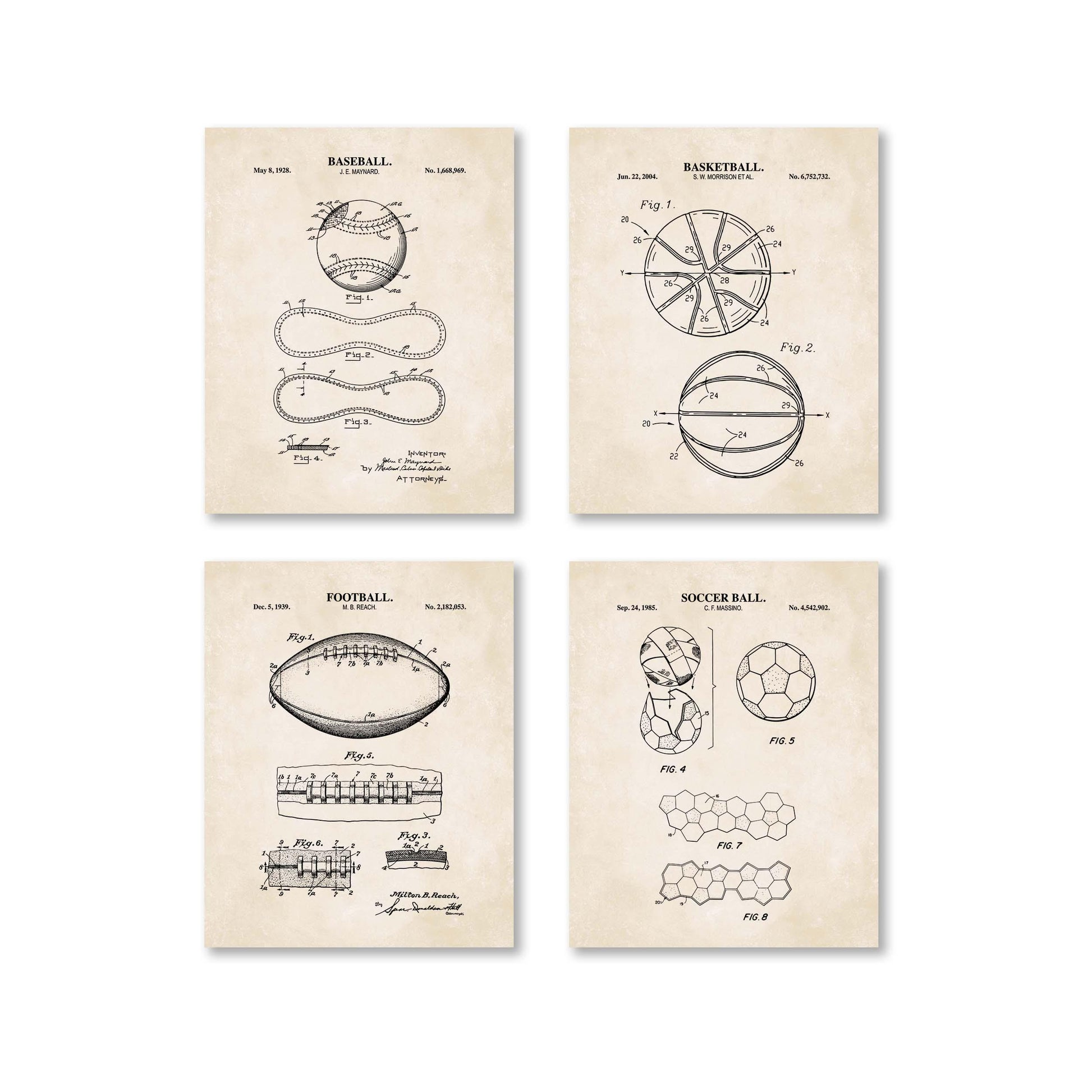 Baseball, Football, Basketball, Soccer Ball Patent Set | Classic Sports Blueprint Wall Art | Vintage Patent Art | Set of 4 Physical Prints