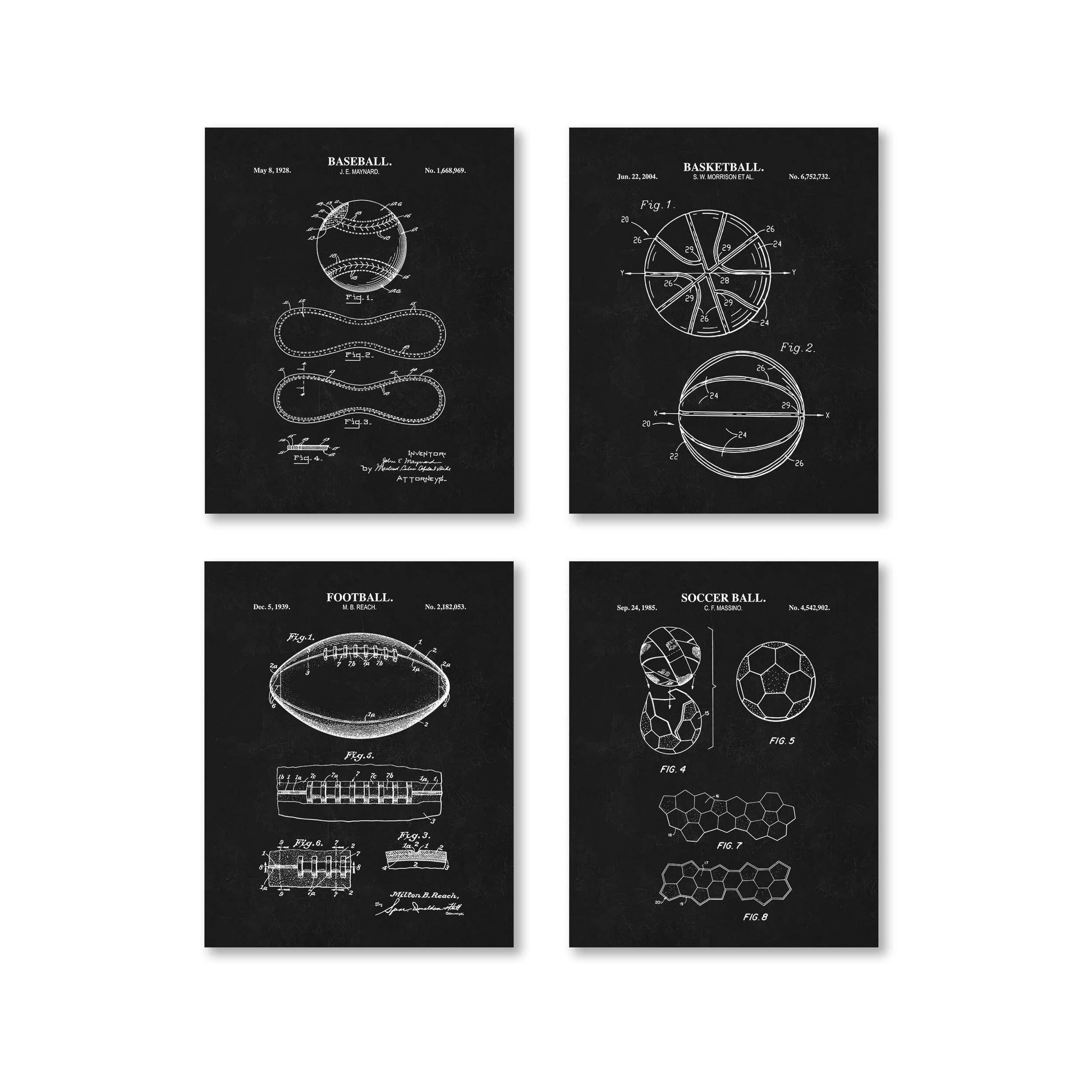 Baseball, Football, Basketball, Soccer Ball Patent Set | Classic Sports Blueprint Wall Art | Vintage Patent Art | Set of 4 Physical Prints