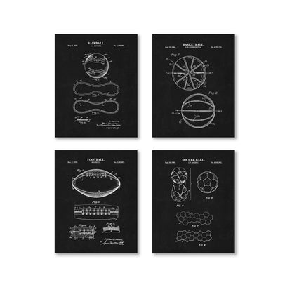 Baseball, Football, Basketball, Soccer Ball Patent Set | Classic Sports Blueprint Wall Art | Vintage Patent Art | Set of 4 Physical Prints