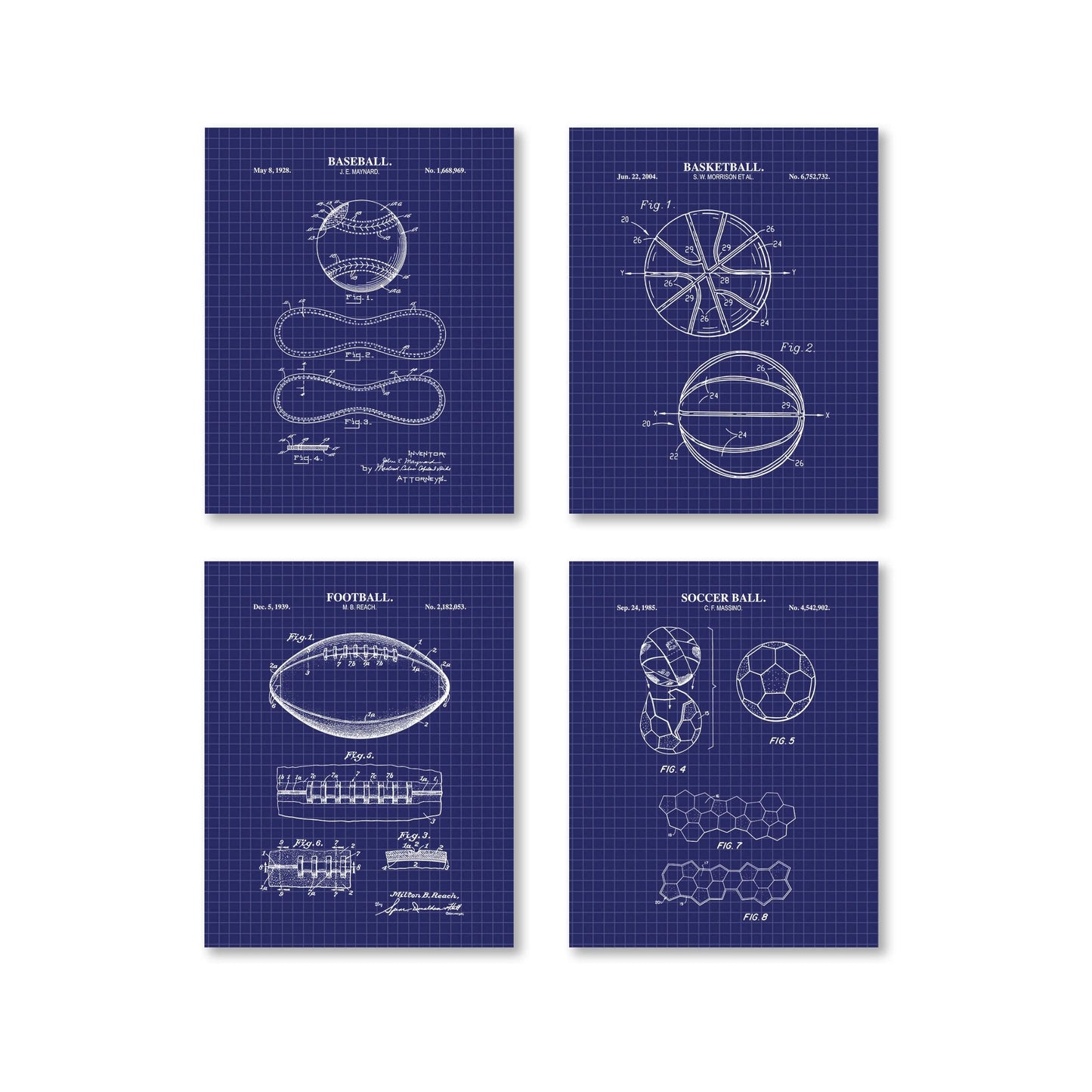 Baseball, Football, Basketball, Soccer Ball Patent Set | Classic Sports Blueprint Wall Art | Vintage Patent Art | Set of 4 Physical Prints