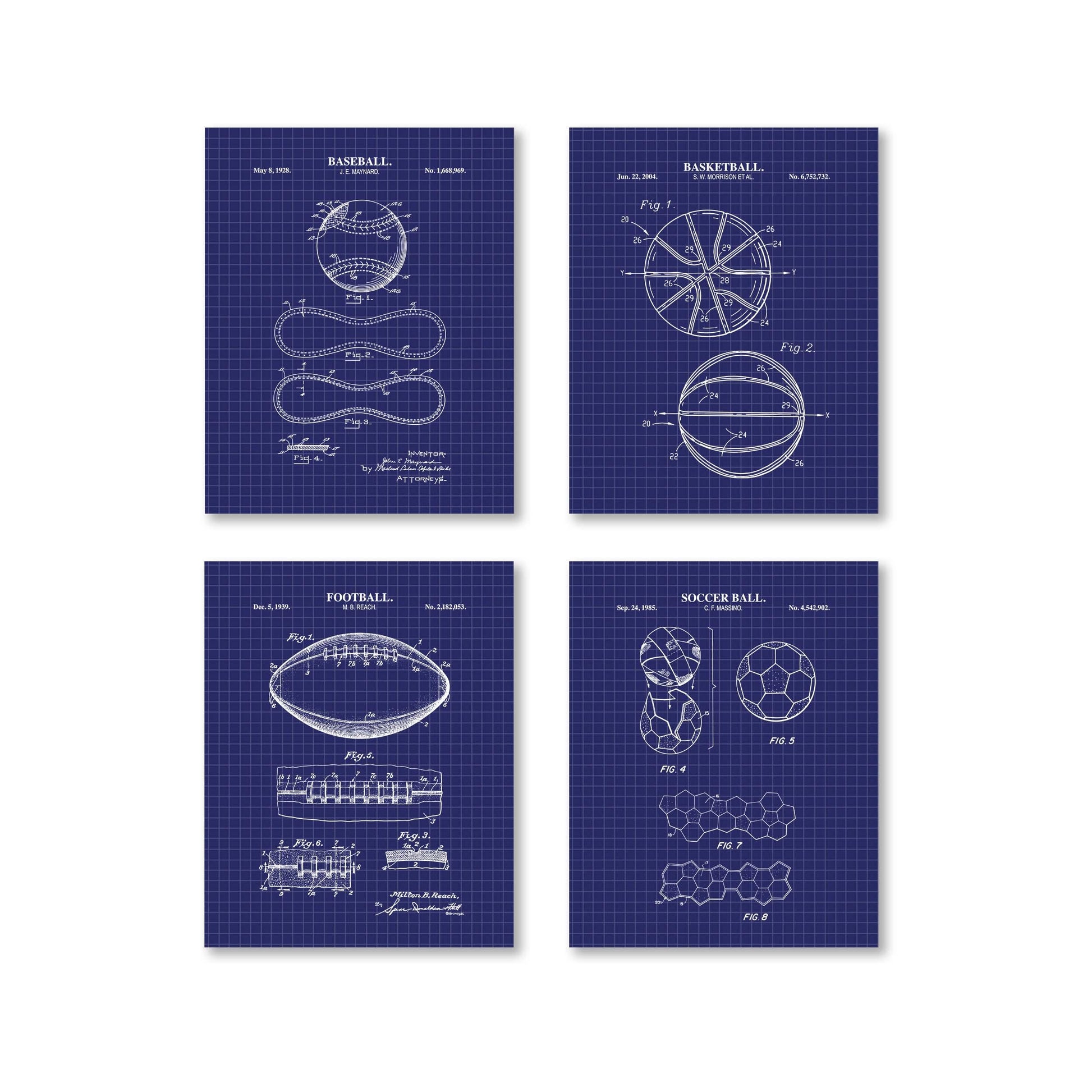 Baseball, Football, Basketball, Soccer Ball Patent Set | Classic Sports Blueprint Wall Art | Vintage Patent Art | Set of 4 Physical Prints