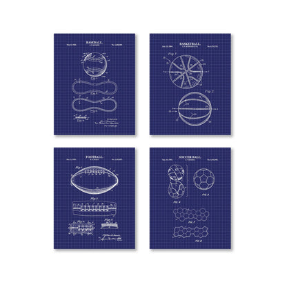 Baseball, Football, Basketball, Soccer Ball Patent Set | Classic Sports Blueprint Wall Art | Vintage Patent Art | Set of 4 Physical Prints