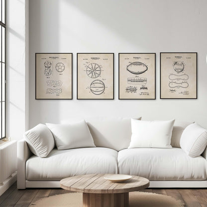 Baseball, Football, Basketball, Soccer Ball Patent Set | Classic Sports Blueprint Wall Art | Vintage Patent Art | Set of 4 Physical Prints
