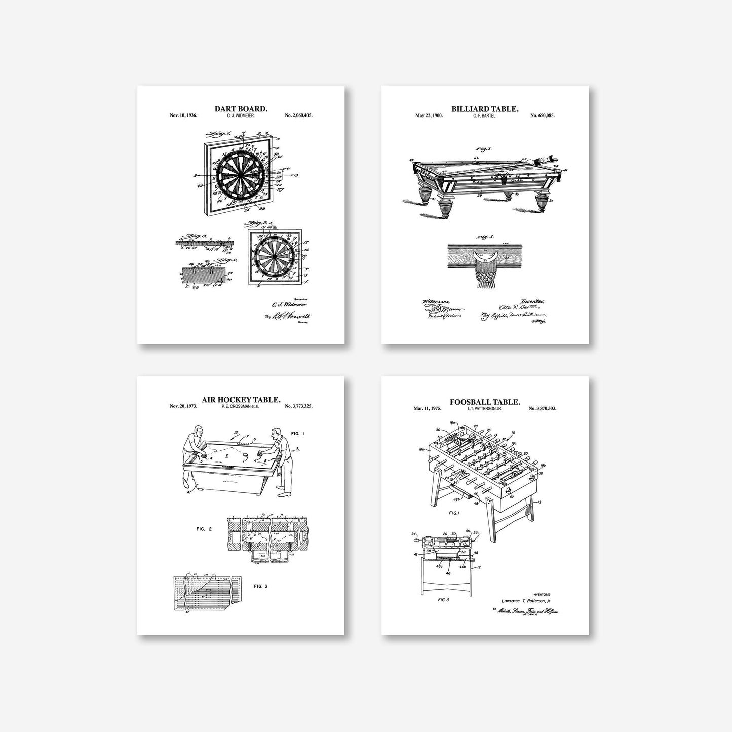 Bar Game Patent Wall Art Set | Classic Game Patent Prints | Home Bar Decor | Game Room Prints | Unframed Set of 4 Physical Prints