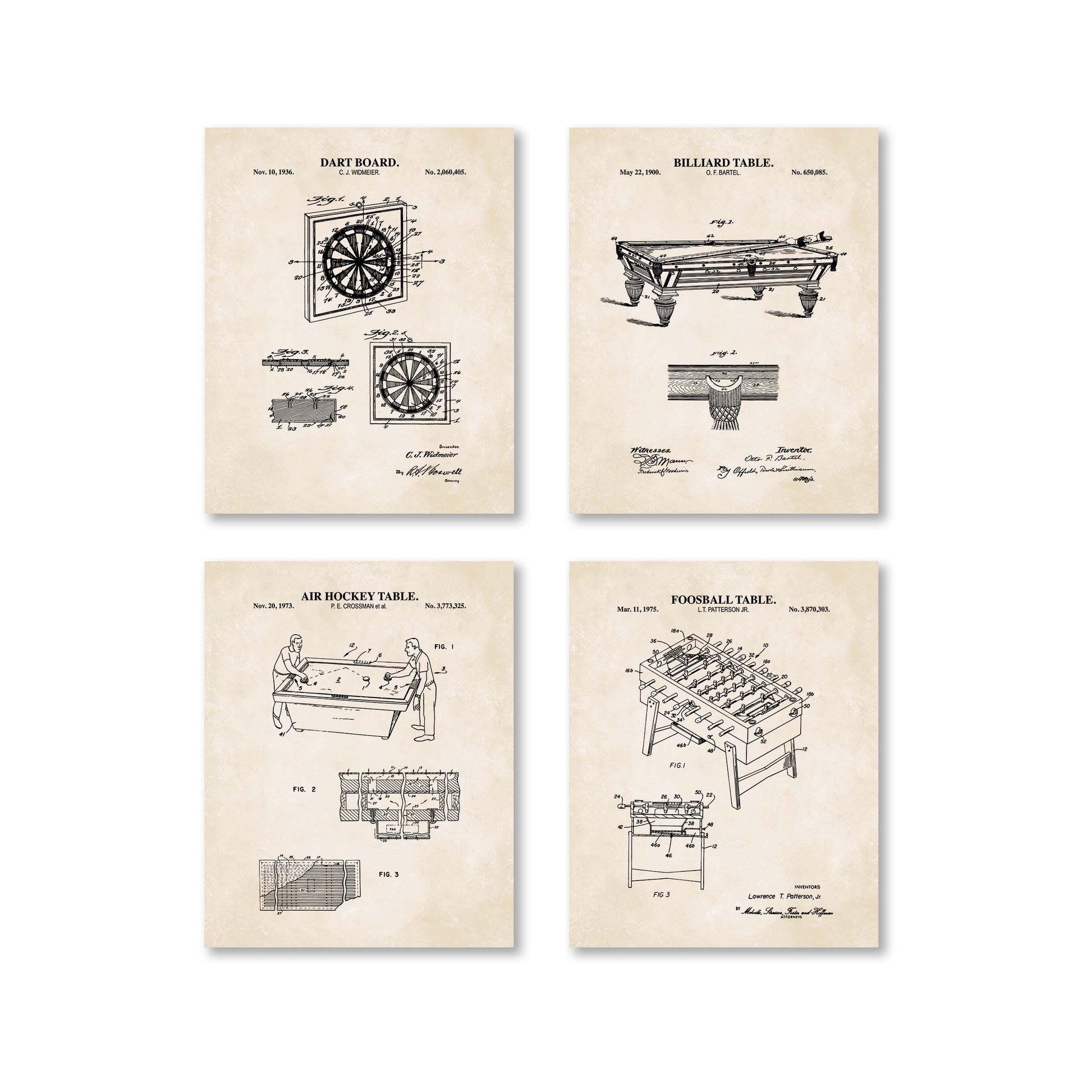 Bar Game Patent Wall Art Set | Classic Game Patent Prints | Home Bar Decor | Game Room Prints | Unframed Set of 4 Physical Prints