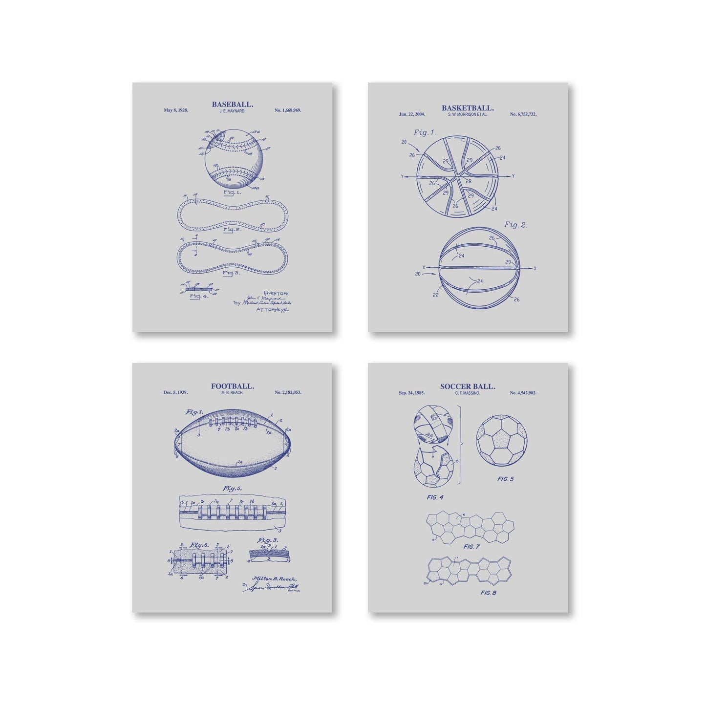 Baseball, Football, Basketball, Soccer Ball Patent Set | Classic Sports Blueprint Wall Art | Vintage Patent Art | Set of 4 Physical Prints