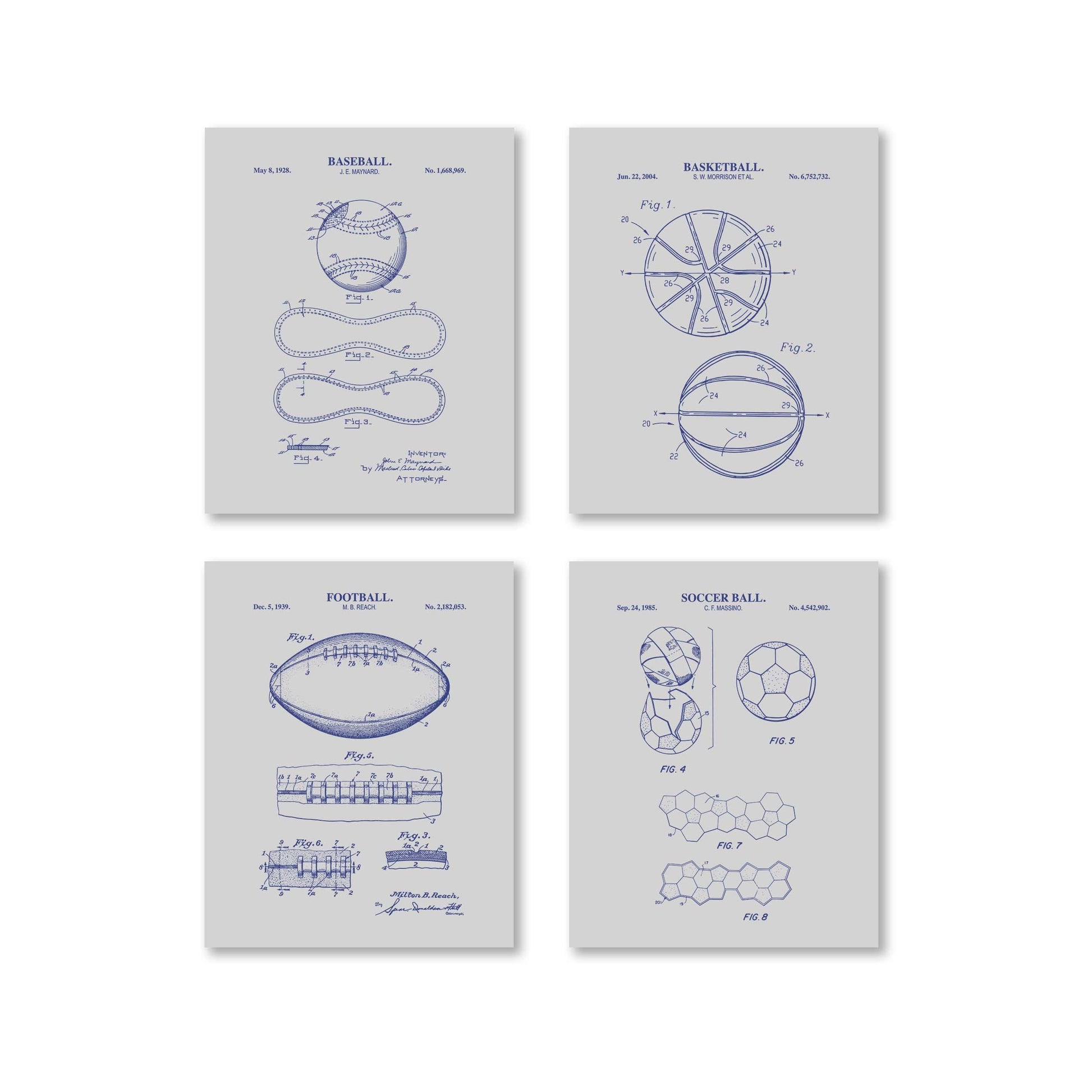 Baseball, Football, Basketball, Soccer Ball Patent Set | Classic Sports Blueprint Wall Art | Vintage Patent Art | Set of 4 Physical Prints