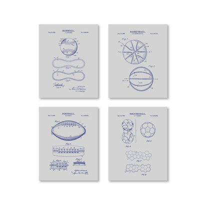 Baseball, Football, Basketball, Soccer Ball Patent Set | Classic Sports Blueprint Wall Art | Vintage Patent Art | Set of 4 Physical Prints